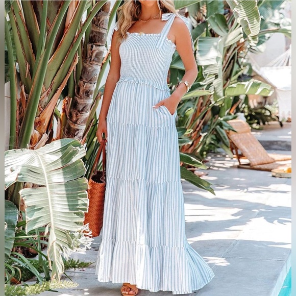 Cotton Adjustable Straps Boho Stripe Casual Flowy A Line Midi Dress with Pockets - Picture 3 of 15